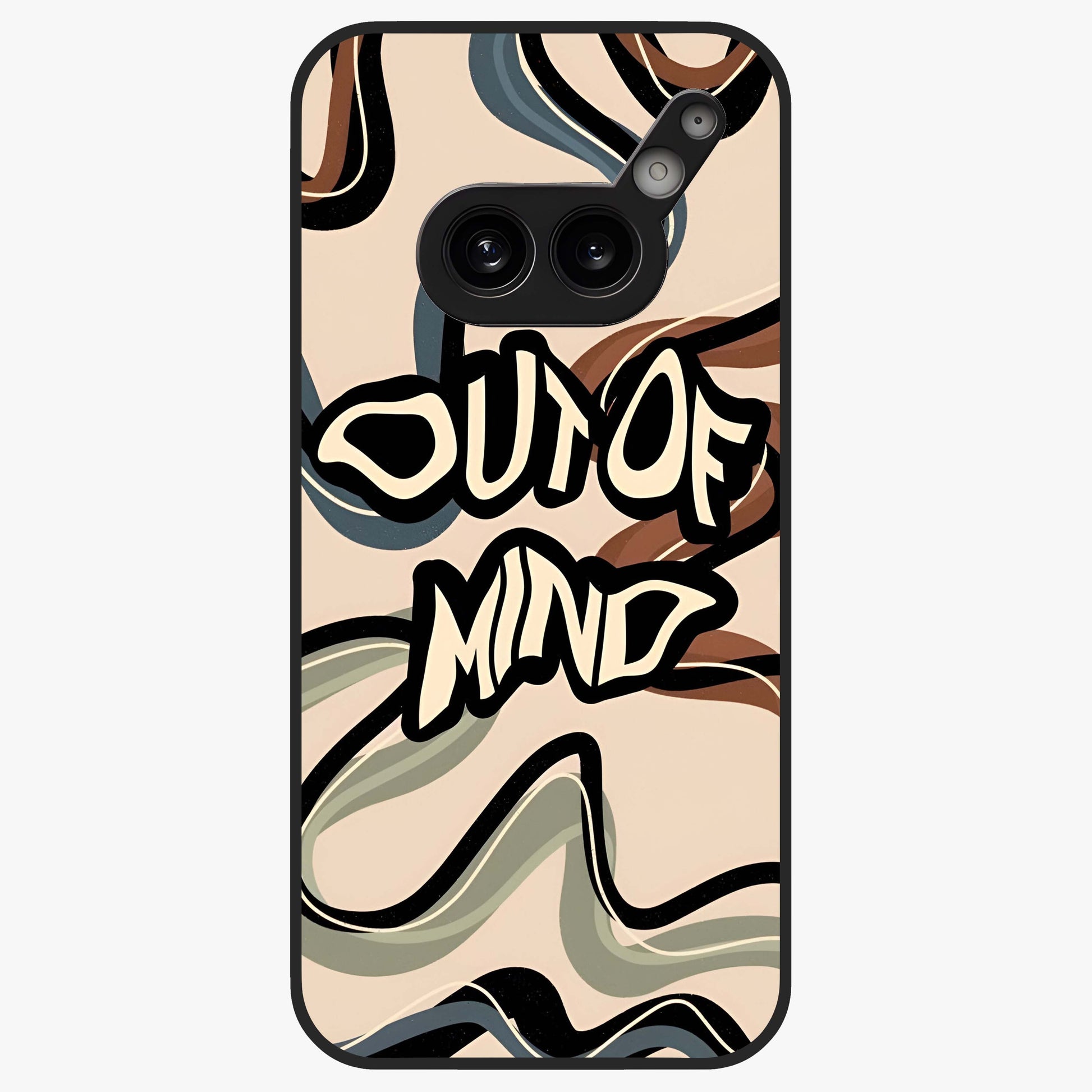 Out Of Mind Glass Case showing flat back view with expressive typography artwork and glossy glass finish.