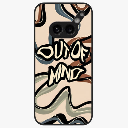 Out Of Mind Glass Case showing flat back view with expressive typography artwork and glossy glass finish.