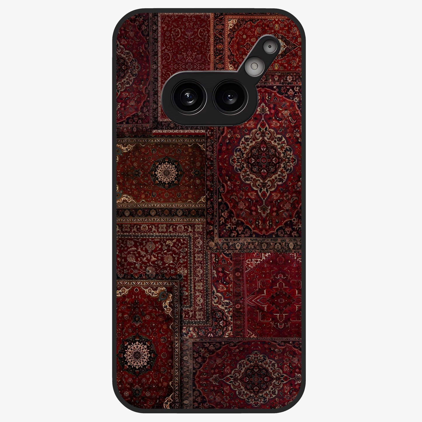 Persian Velvet Tale Glass Case showing flat back view with luxurious Persian velvet pattern artwork and glossy glass finish.