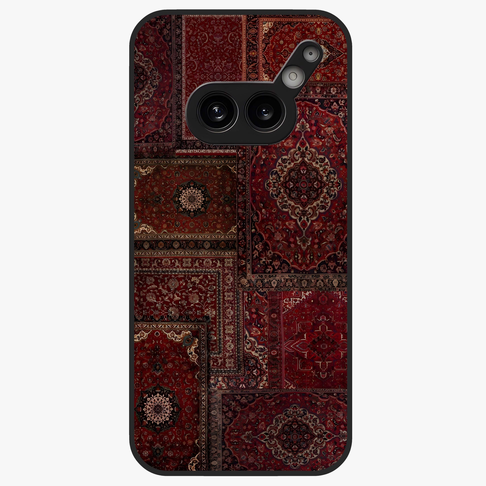Persian Velvet Tale Glass Case showing flat back view with luxurious Persian velvet pattern artwork and glossy glass finish.