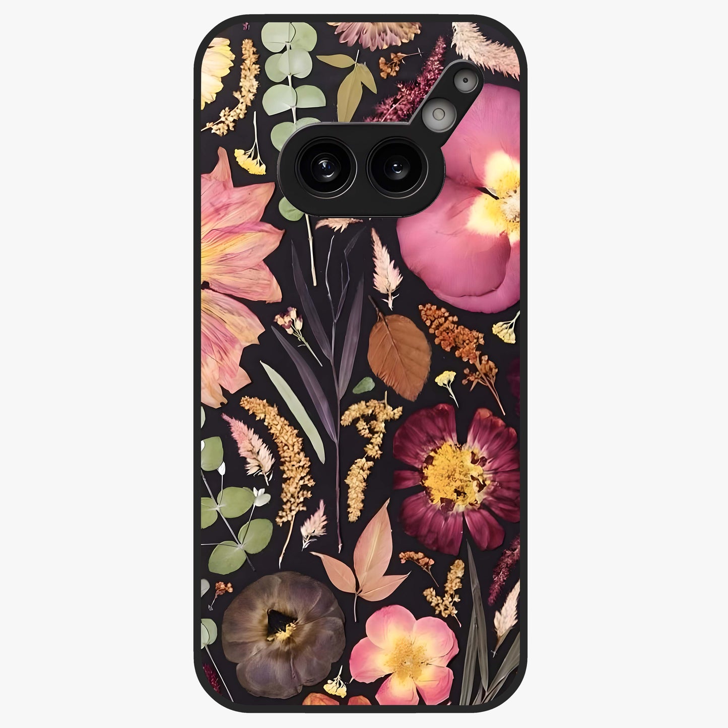 Petal Dream Tapestry Glass Case showing flat back view with intricate floral tapestry artwork and glossy glass finish.