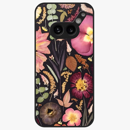 Petal Dream Tapestry Glass Case showing flat back view with intricate floral tapestry artwork and glossy glass finish.