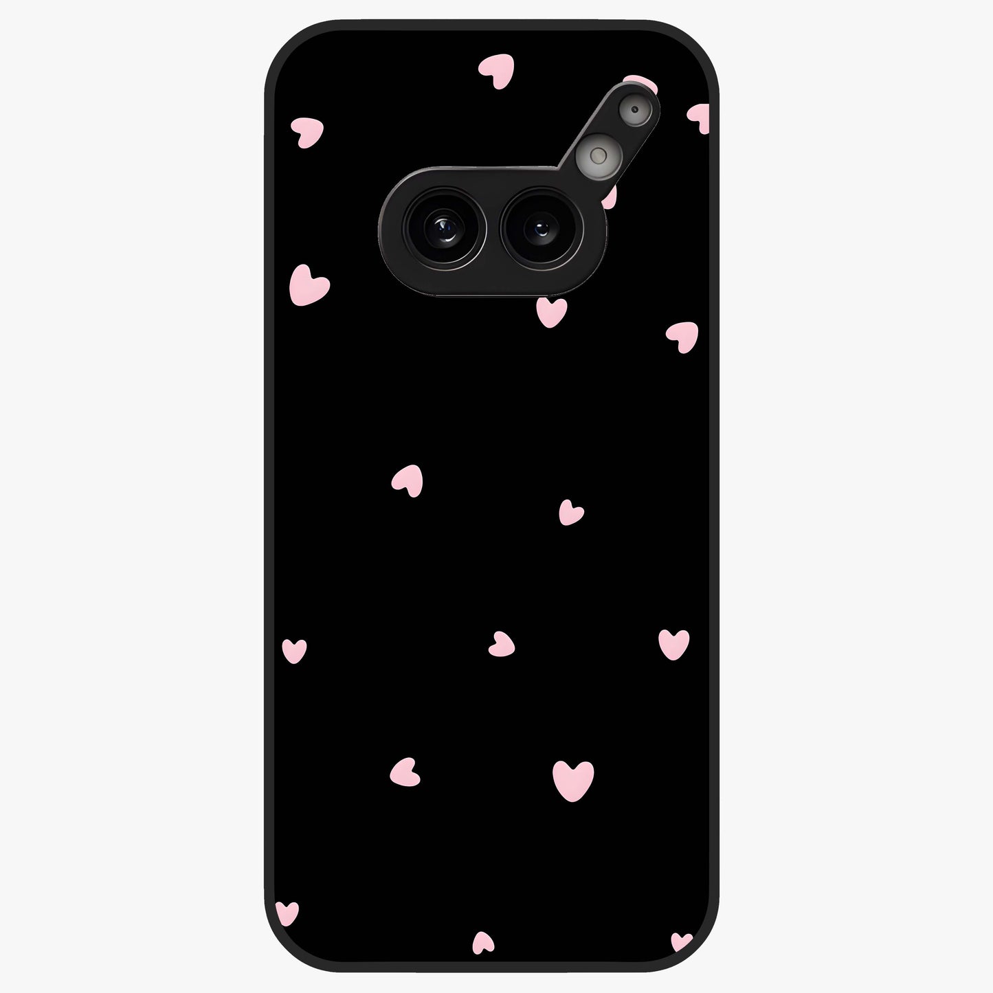 Pink Love Drops Glass Case showing flat back view with playful pink heart drops artwork and glossy glass finish.
