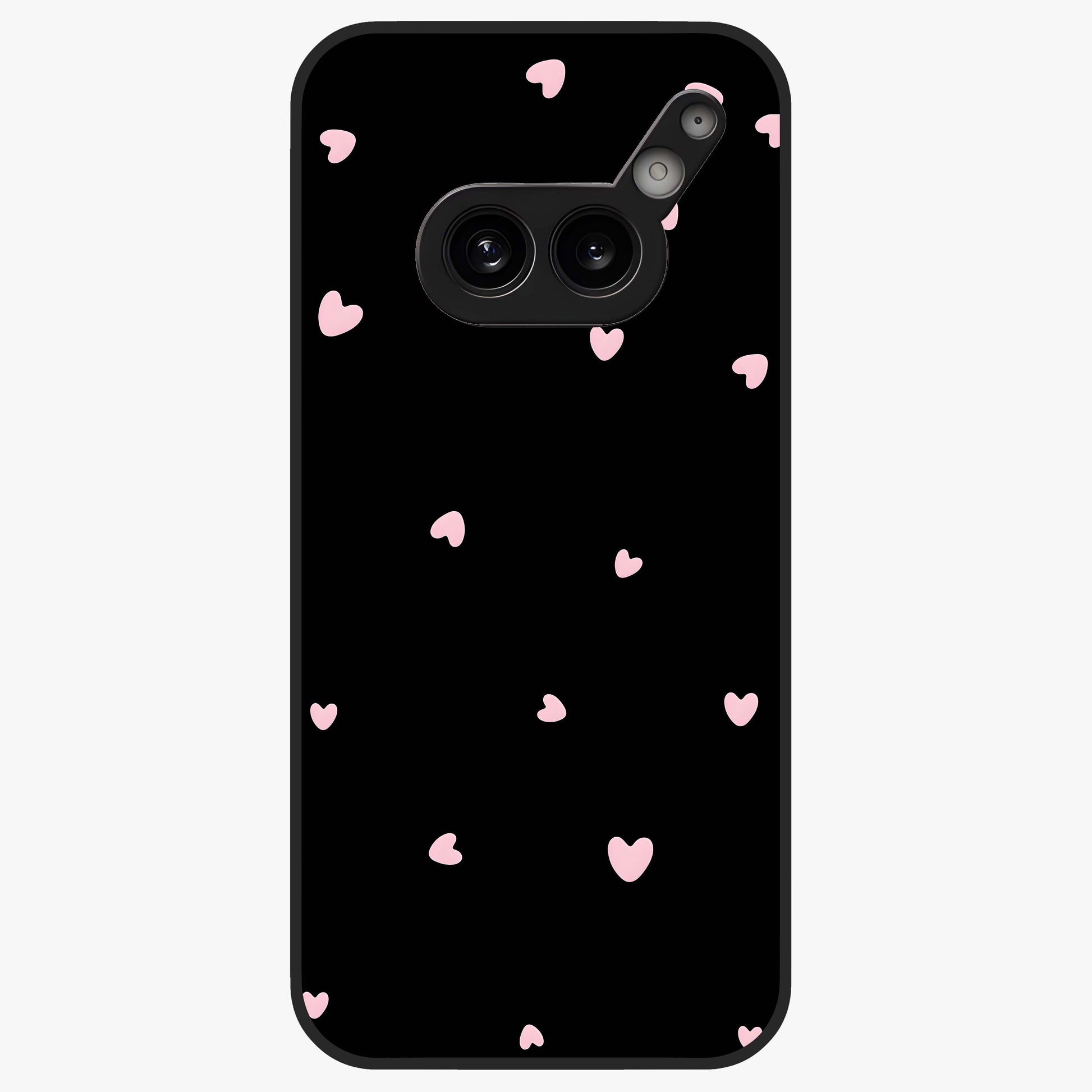 Pink Love Drops Glass Case showing flat back view with playful pink heart drops artwork and glossy glass finish.