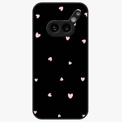 Pink Love Drops Glass Case showing flat back view with playful pink heart drops artwork and glossy glass finish.