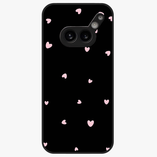 Pink Love Drops Glass Case showing flat back view with playful pink heart drops artwork and glossy glass finish.