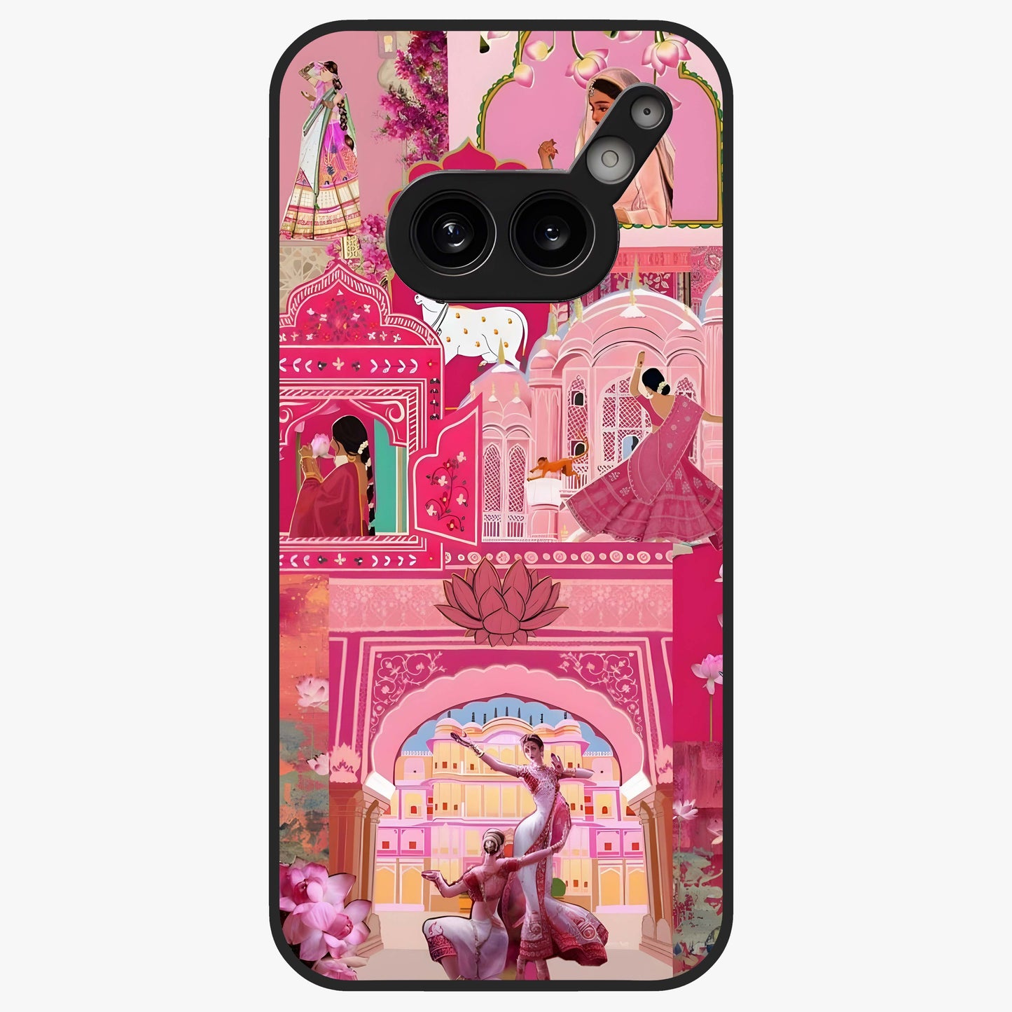 Pink Palace Muse Glass Case showing flat back view with elegant palace inspired artwork and glossy glass finish.