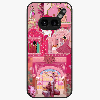 Pink Palace Muse Glass Case showing flat back view with elegant palace inspired artwork and glossy glass finish.