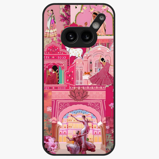 Pink Palace Muse Glass Case showing flat back view with elegant palace inspired artwork and glossy glass finish.