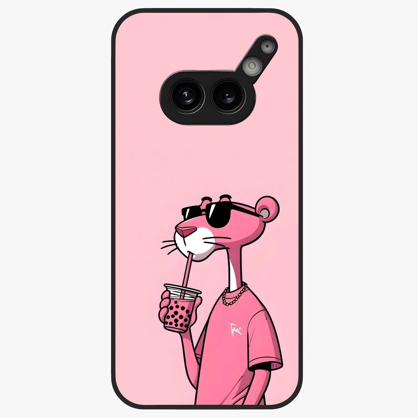 Pink Panther Glass Case showing flat back view with iconic pink panther artwork and glossy glass finish.