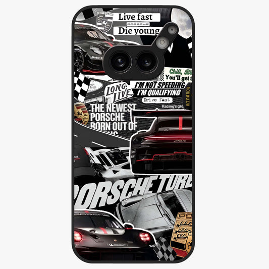 Porsche Racing Collage Glass Case showing flat back view with sports car racing collage artwork and glossy glass finish.