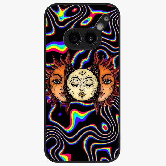 Psychedelic Sun Glass Case showing flat back view with colorful psychedelic sun artwork and glossy glass finish.