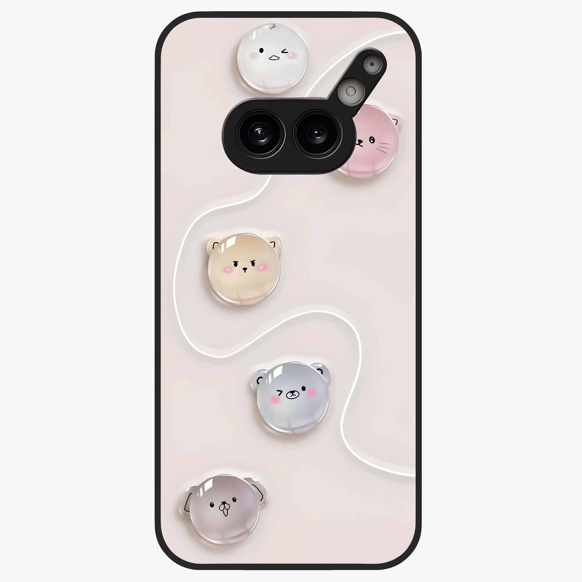 Puffy Face Parade Glass Case showing flat back view with cute puffy character faces artwork and glossy glass finish.