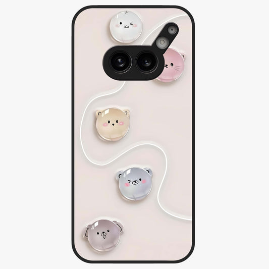 Puffy Face Parade Glass Case showing flat back view with cute puffy character faces artwork and glossy glass finish.