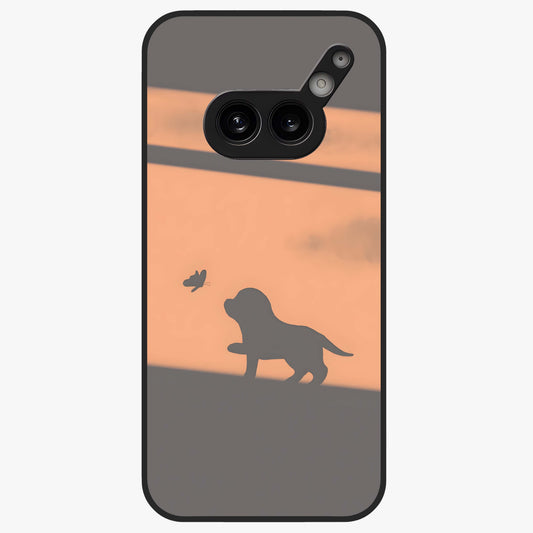 Puppy Shadow Art Glass Case showing flat back view with cute puppy shadow style artwork and glossy glass finish.