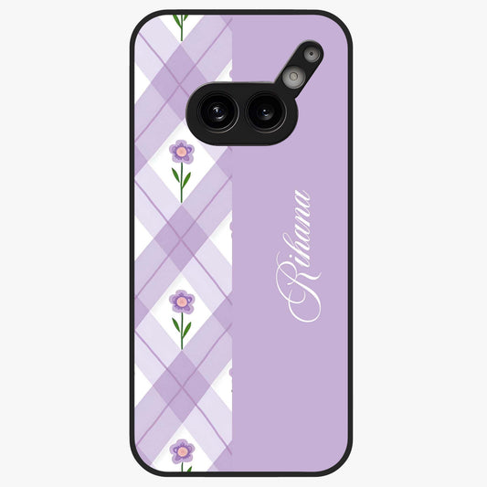 Purple Diamond Floral Glass Case showing flat back view with diamond shaped floral artwork and glossy glass finish.