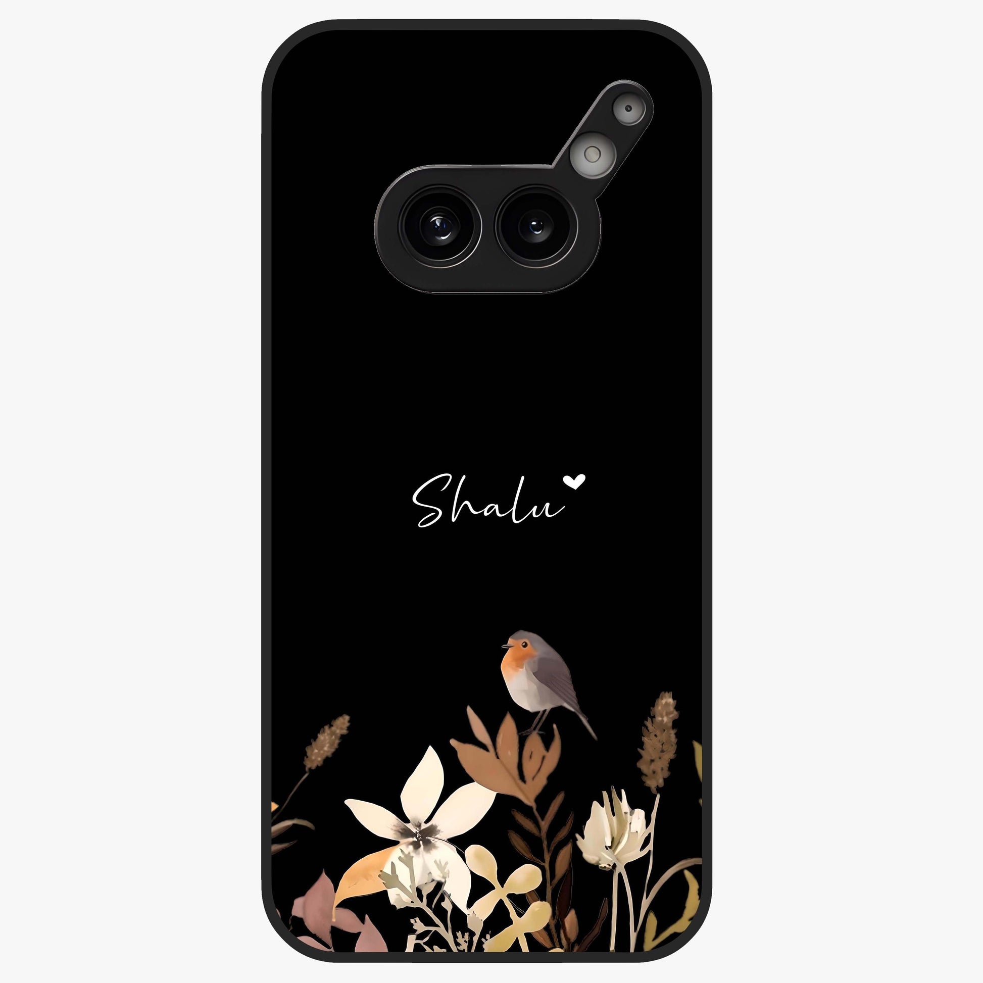 Quiet Garden Tune Custom Name Glass Case showing flat back view with peaceful garden artwork and personalized name design.