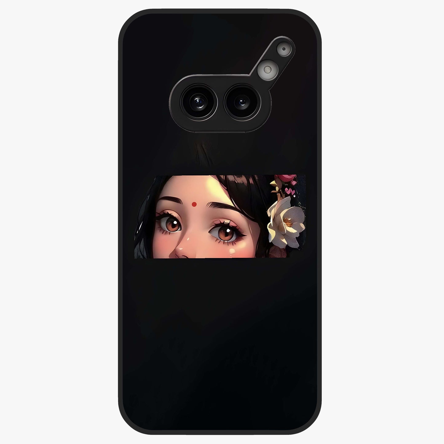 Radha Divine Embrace Glass Case showing flat back view with devotional Radha artwork and glossy glass finish.