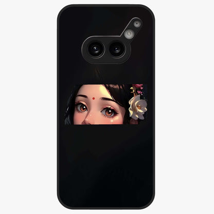 Radha Divine Embrace Glass Case showing flat back view with devotional Radha artwork and glossy glass finish.