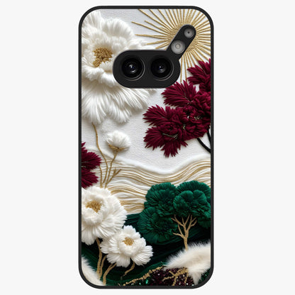 Radiant Bloom Elegance Glass Case showing flat back view with elegant blooming flower artwork and glossy glass finish.