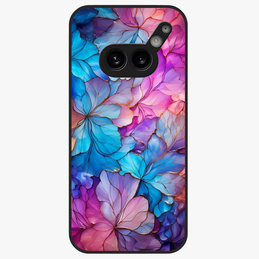 Radiant Floral Whirl Glass Case showing flat back view with swirling floral artwork and glossy glass finish.