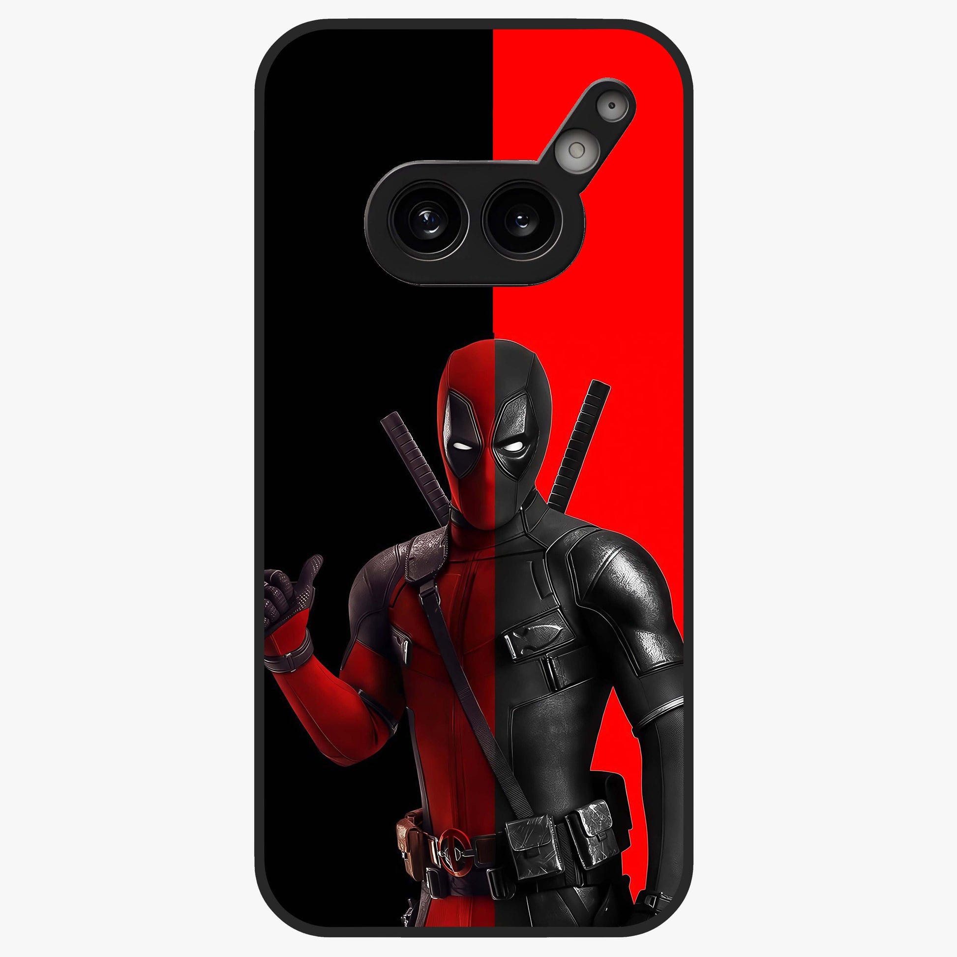 Red & Black Deadpool Theme Glass Case showing flat back view with bold comic inspired artwork and glossy glass finish.