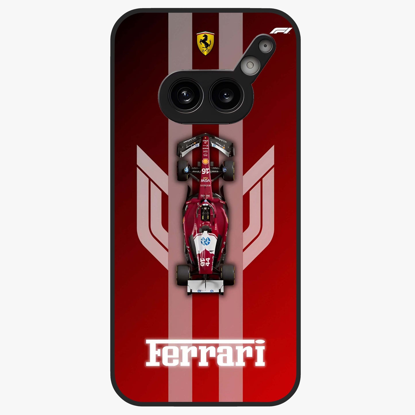 Red Ferrari F1 Vertical Glass Case showing flat back view with sleek Formula racing car artwork and glossy glass finish.