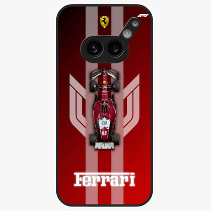 Red Ferrari F1 Vertical Glass Case showing flat back view with sleek Formula racing car artwork and glossy glass finish.