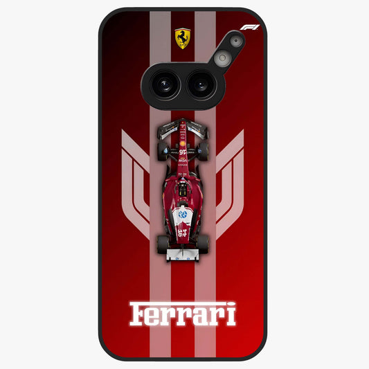 Red Ferrari F1 Vertical Glass Case showing flat back view with sleek Formula racing car artwork and glossy glass finish.