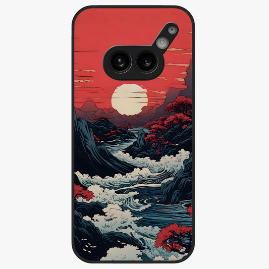 Red Sunset Scenery Glass Case showing flat back view with vibrant sunset landscape artwork and glossy glass finish.