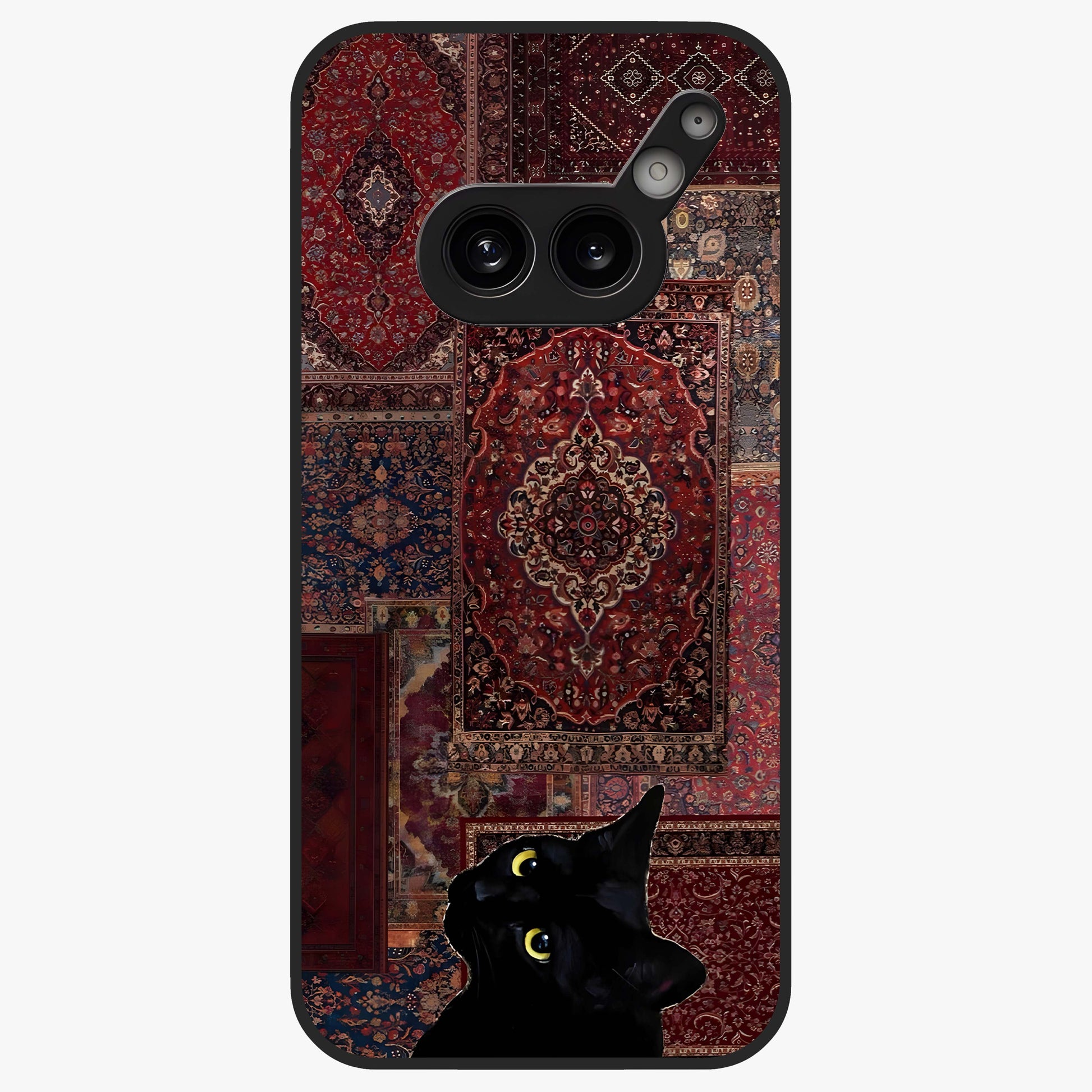 Regal Magic Cat Apple Glass Case showing flat back view with magical cat artwork holding apple and glossy glass finish.