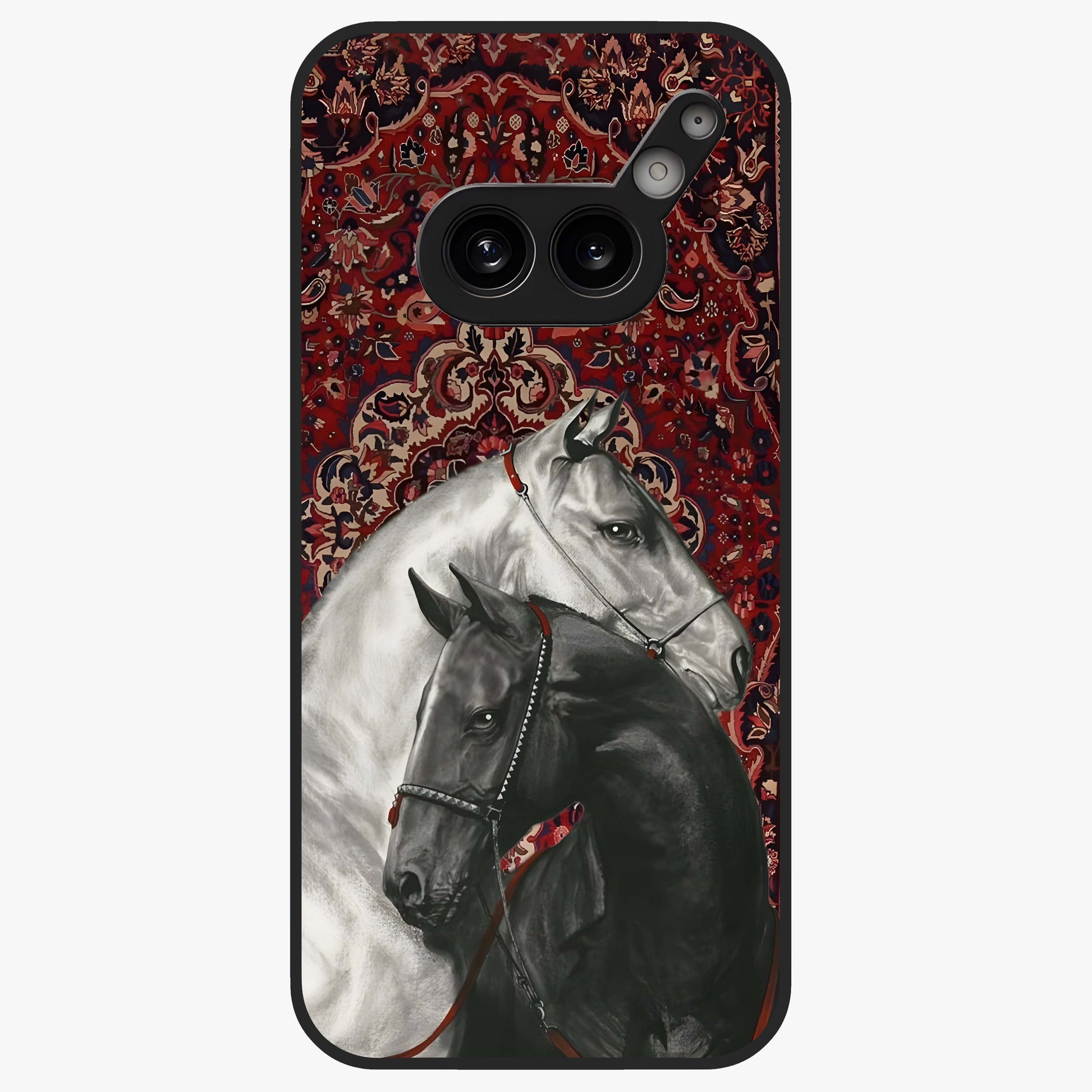 Regal Stallion Tapestry Glass Case showing flat back view with majestic horse tapestry artwork and glossy glass finish.