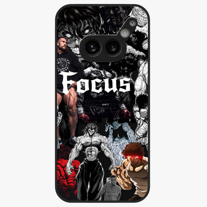 Relentless Power Focus Glass Case showing flat back view with motivational typography artwork and glossy glass finish.