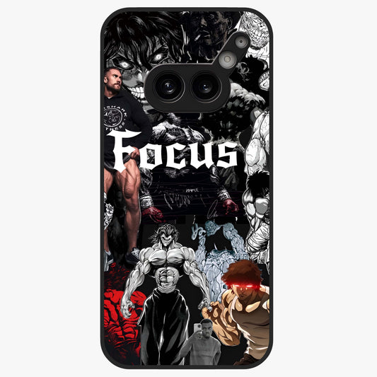Relentless Power Focus Glass Case showing flat back view with motivational typography artwork and glossy glass finish.
