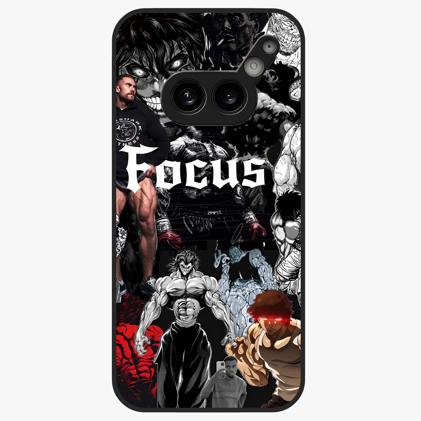 Relentless Power Focus Glass Case showing flat back view with motivational typography artwork and glossy glass finish.