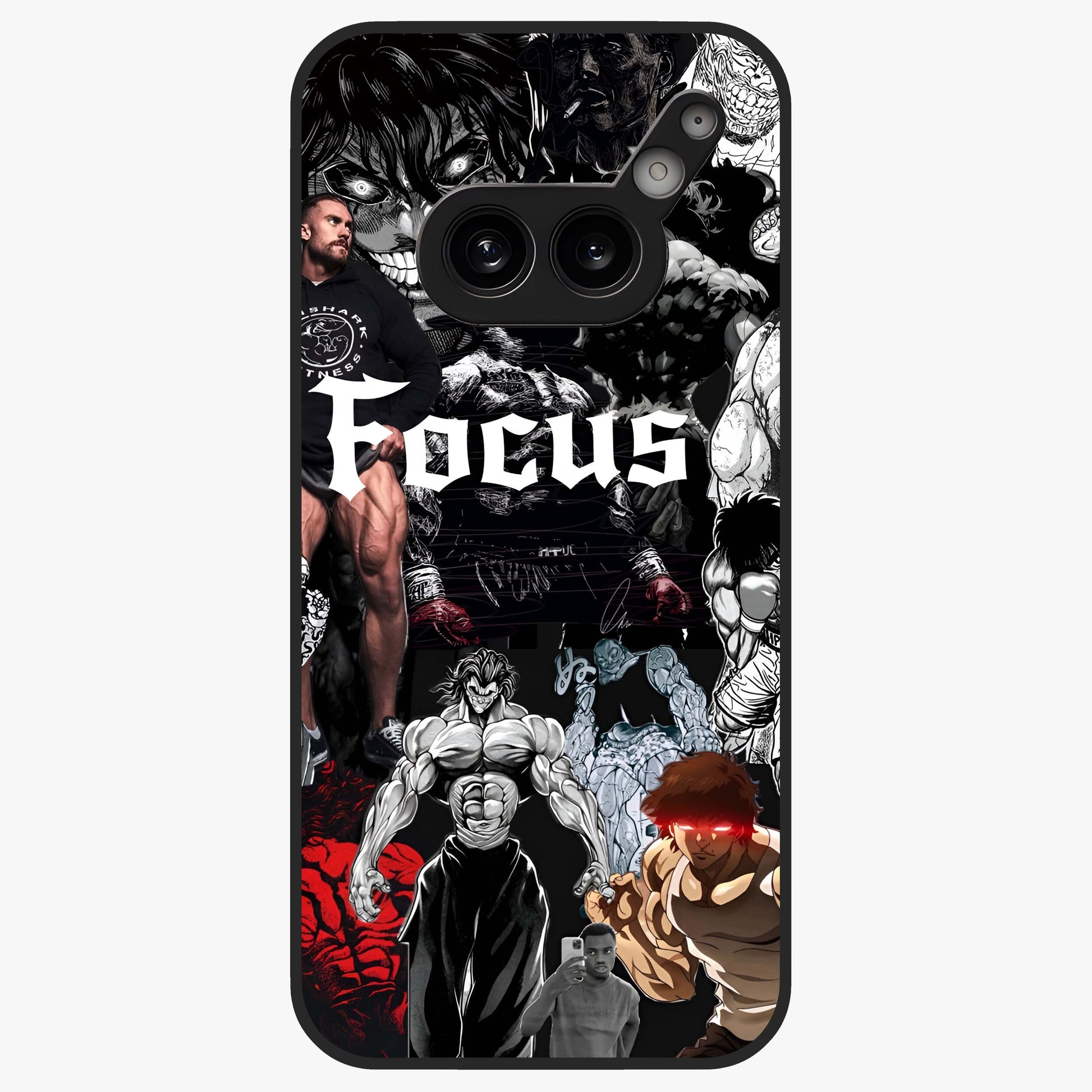 Relentless Power Focus Glass Case showing flat back view with motivational typography artwork and glossy glass finish.