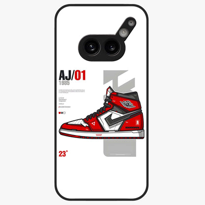 Retro Sneaker Blueprint Glass Case showing flat back view with sneaker blueprint style artwork and glossy glass finish.