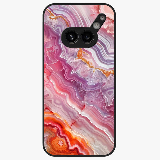 Rose Quartz Marble Glass Case showing flat back view with pink marble quartz texture artwork and glossy glass finish.