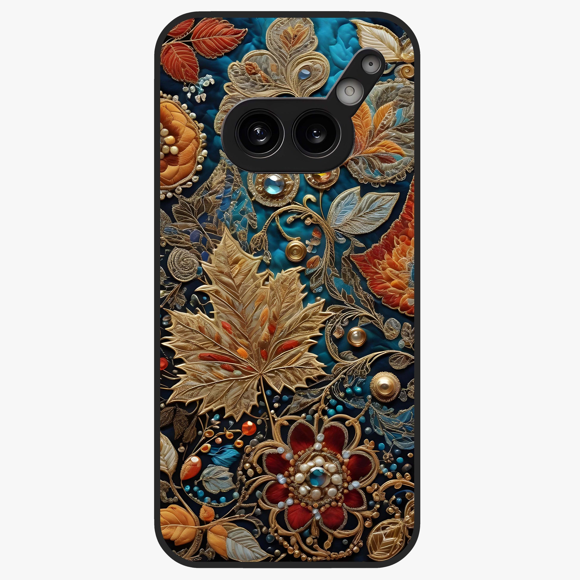 Royal Jewel Garden Glass Case showing flat back view with decorative floral garden artwork and glossy glass finish.