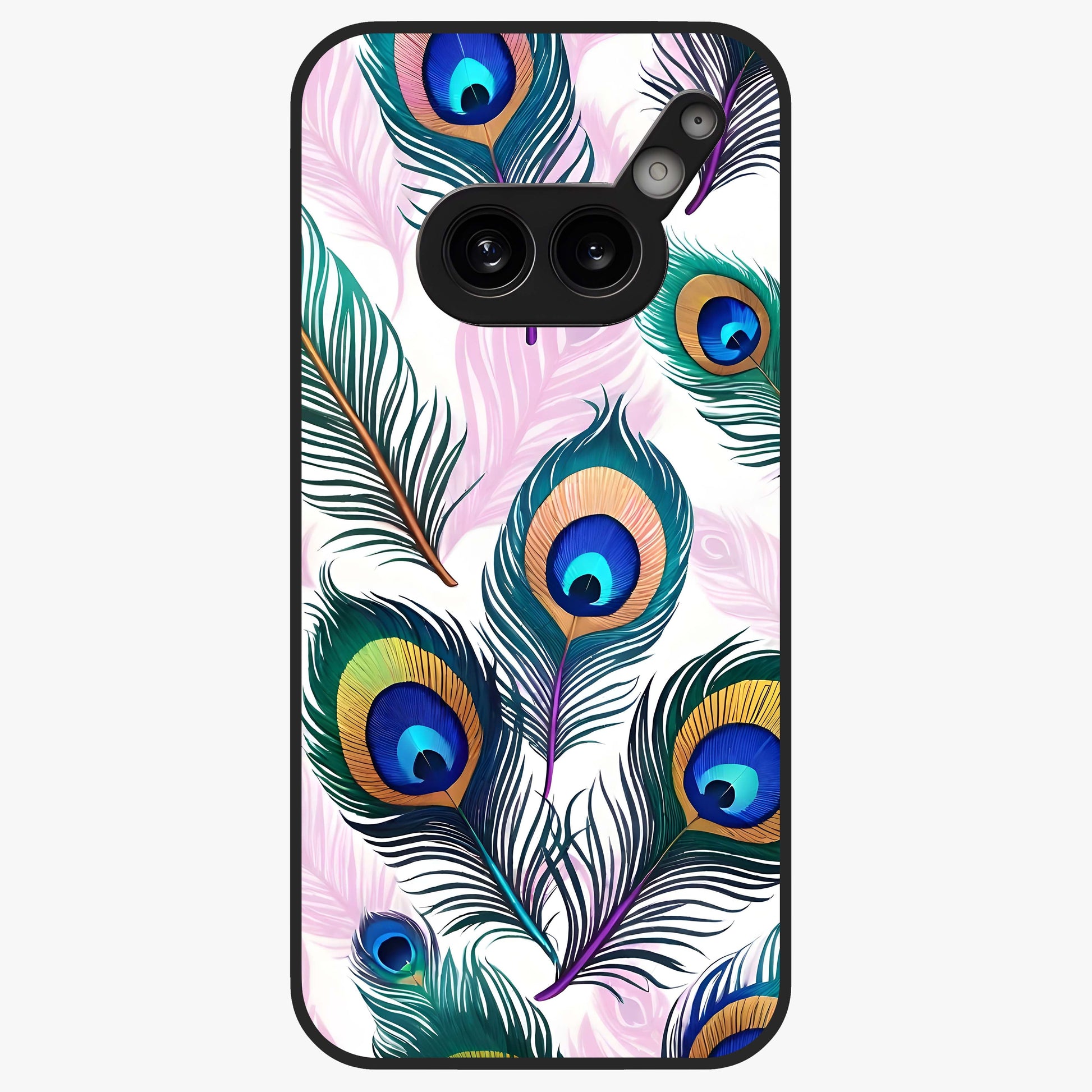Royal Peacock Feathers Glass Case showing flat back view with colorful peacock feather artwork and glossy glass finish.
