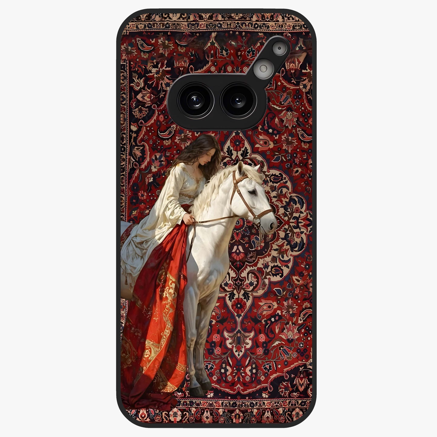 Royal Rider Tapestry Glass Case showing flat back view with majestic horse rider tapestry artwork and glossy glass finish.