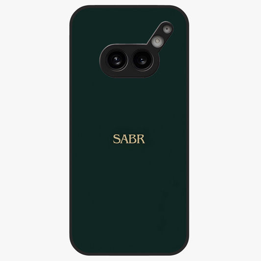 Sabr Minimal Patience Glass Case showing flat back view with minimalist typography artwork and glossy glass finish.