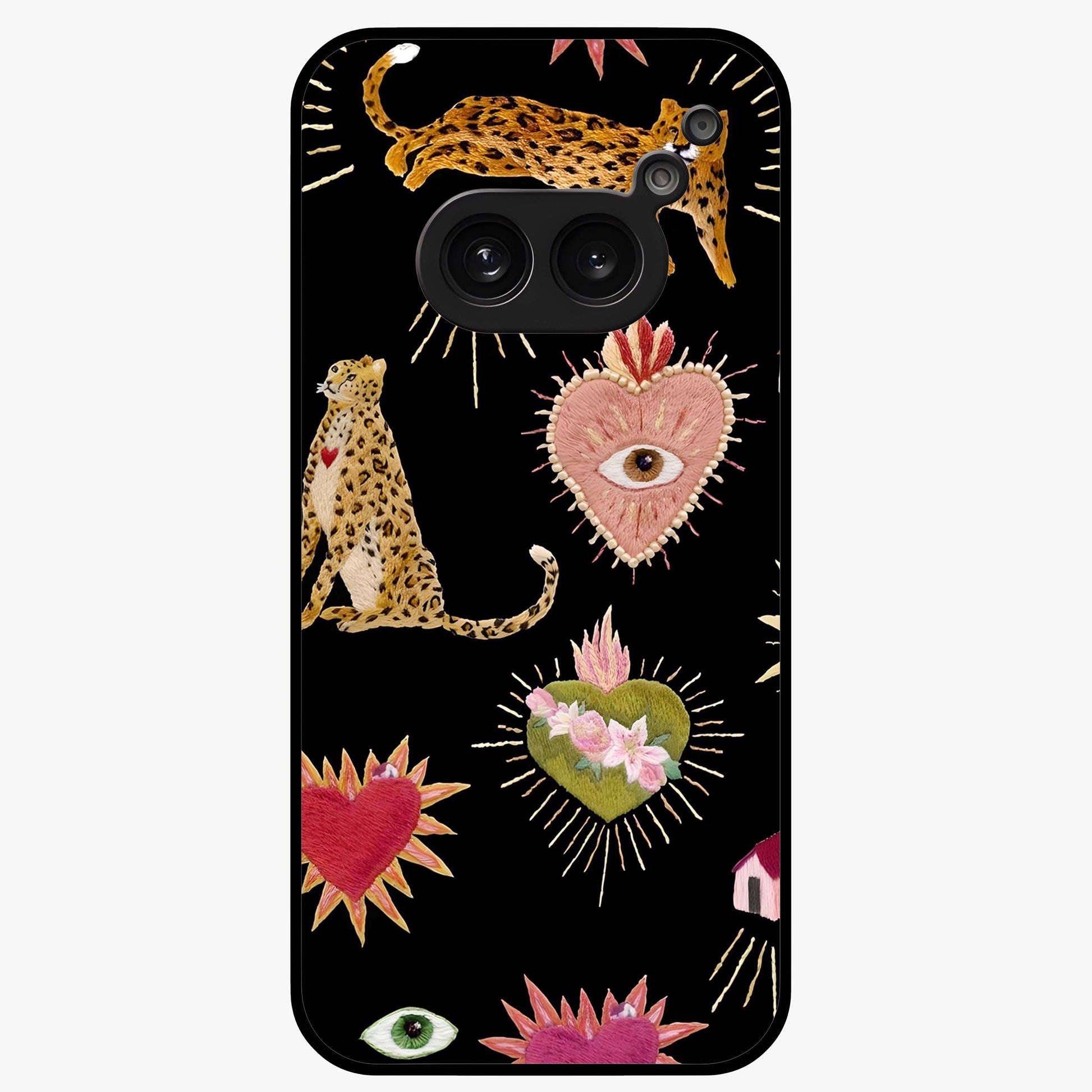 Sacred Jungle Heart Glass Case showing flat back view with jungle inspired heart artwork and glossy glass finish.