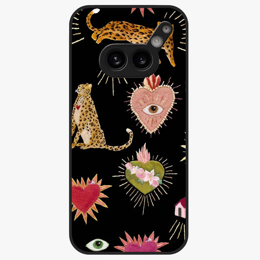 Sacred Jungle Heart Glass Case showing flat back view with jungle inspired heart artwork and glossy glass finish.
