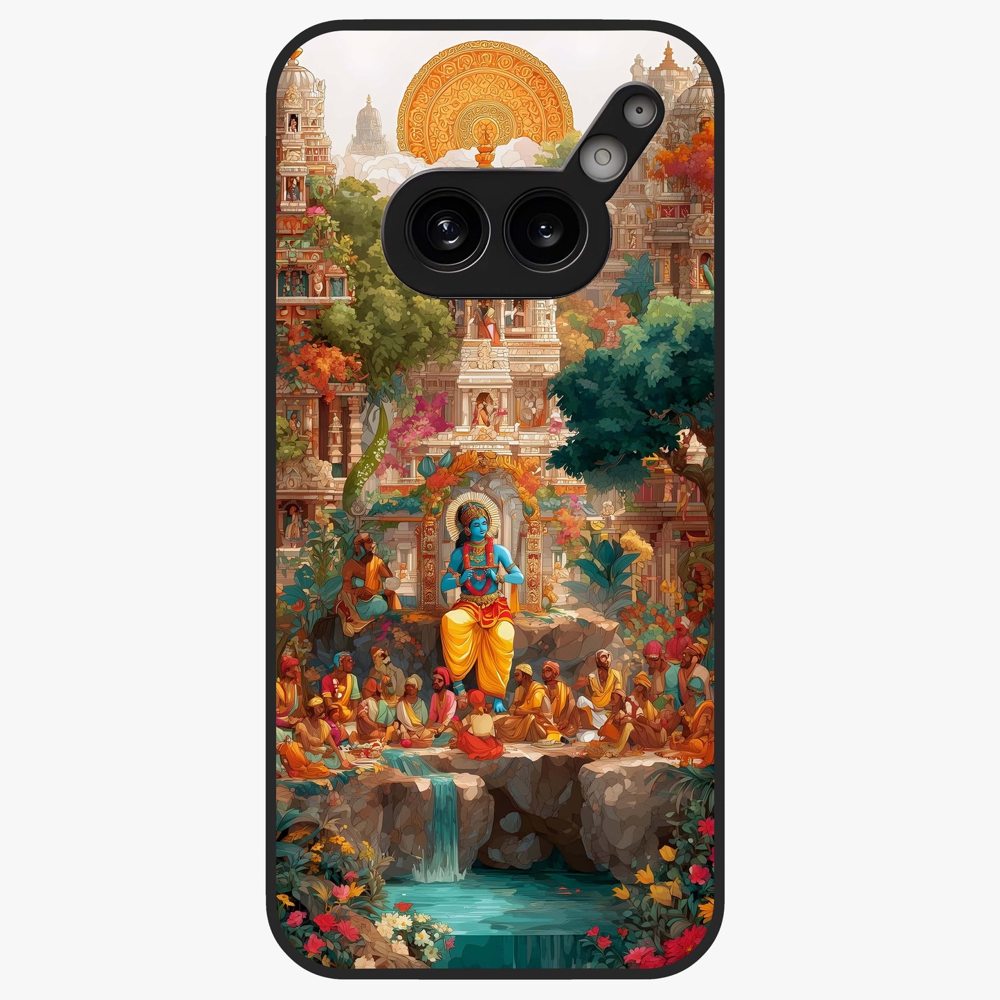 Sacred Sunlight Gods Glass Case showing flat back view with divine sunlight themed artwork and glossy glass finish.