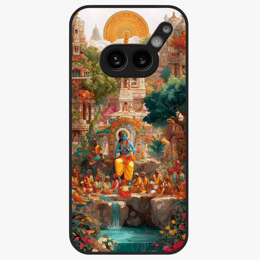 Sacred Sunlight Gods Glass Case showing flat back view with divine sunlight themed artwork and glossy glass finish.