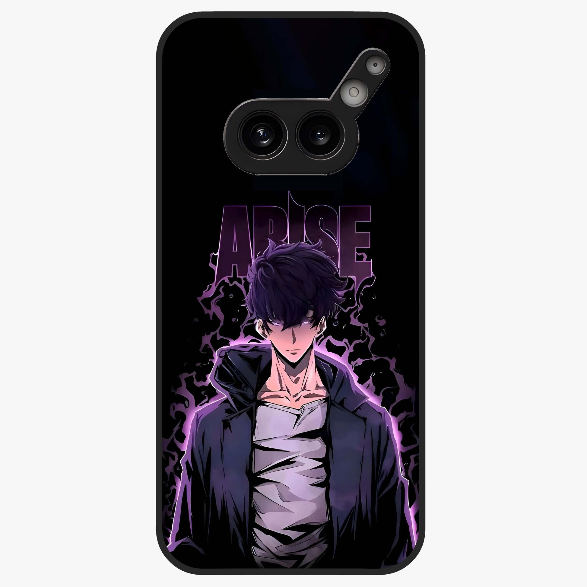 Shadow Monarch Awakening Glass Case showing flat back view with powerful dark monarch themed artwork and glossy glass finish.
