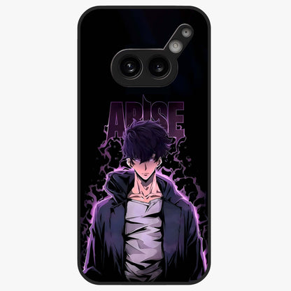 Shadow Monarch Awakening Glass Case showing flat back view with powerful dark monarch themed artwork and glossy glass finish.