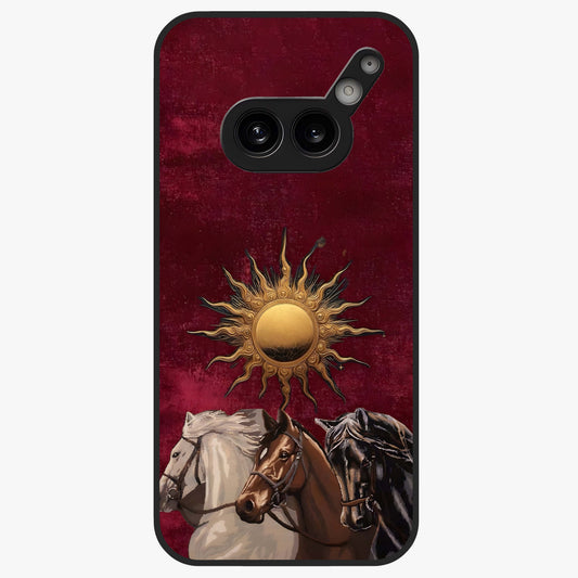 Solar Riders Glass Case showing flat back view with dynamic rider themed artwork and glossy glass finish.