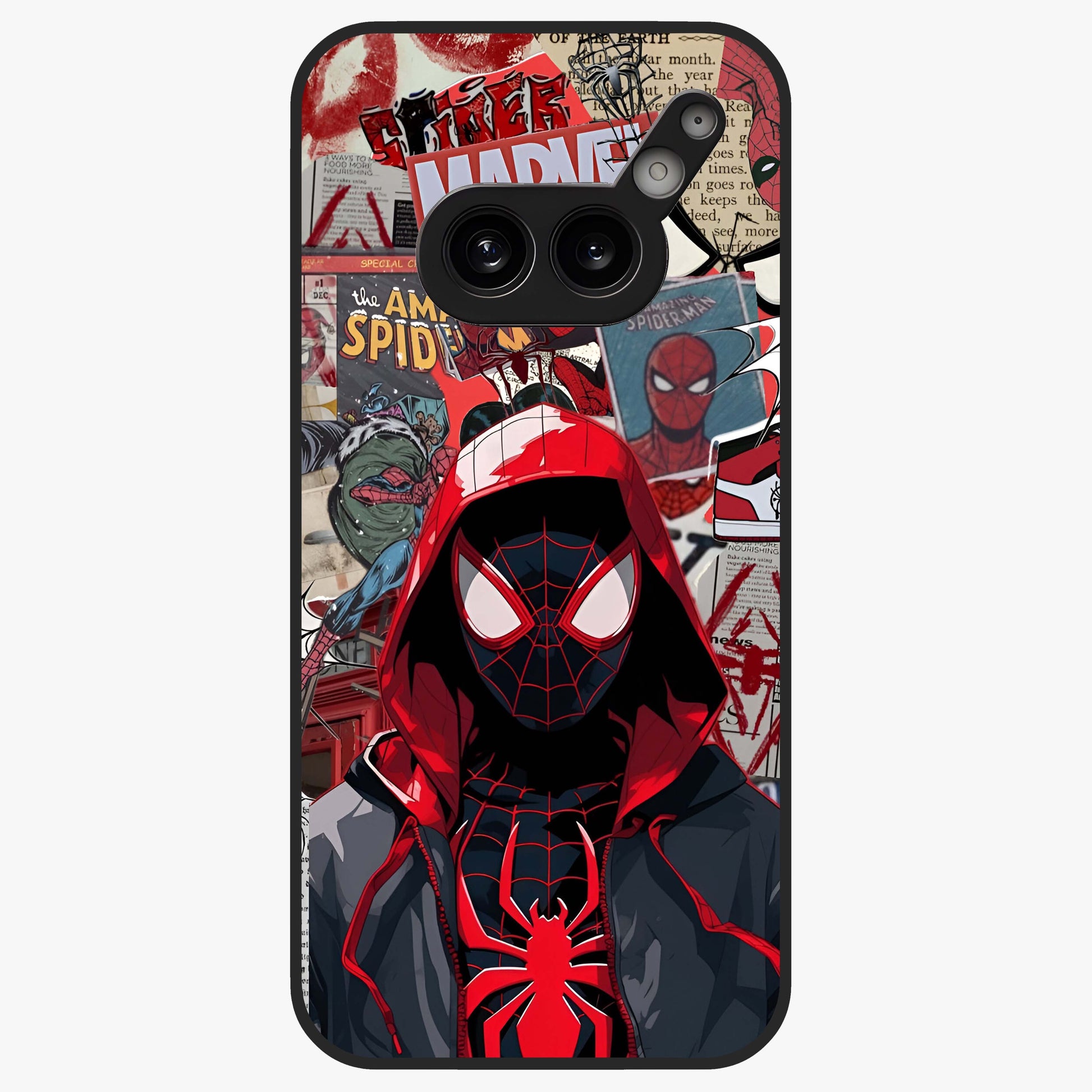 Spider Collage Street Glass Case showing flat back view with vibrant superhero collage artwork and glossy glass finish.